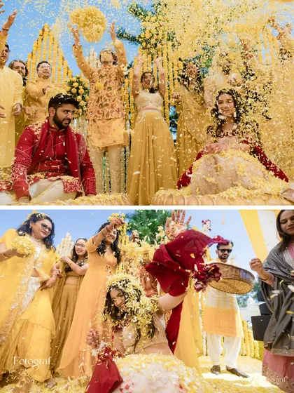 The Haldi ceremony is all about unrestrained joy. This collage captures the explosion of color, laughter, and flower petals that make this pre-wedding ritual so unforgettable.