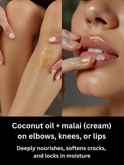 For dry skin, a simple mixture of coconut oil and malai (cream) on elbows, knees, or lips deeply nourishes, softens cracks, and locks in moisture.
