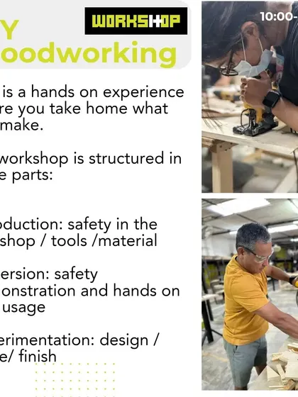 A breakdown of what our popular DIY Woodworking workshop covers: safety, tools, materials, and hands-on experimentation to design and make your own piece.