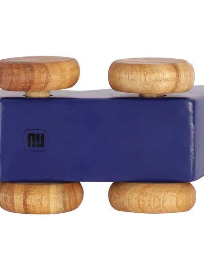 The bottom view of a wooden toy car, showing the wheels and base.