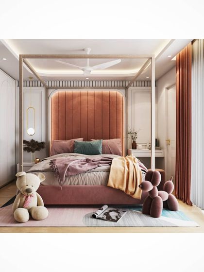This render of a child's or teenager's room uses a soft pink color palette and a modern four-poster bed. It shows our versatility in creating stylish and age-appropriate personal spaces.