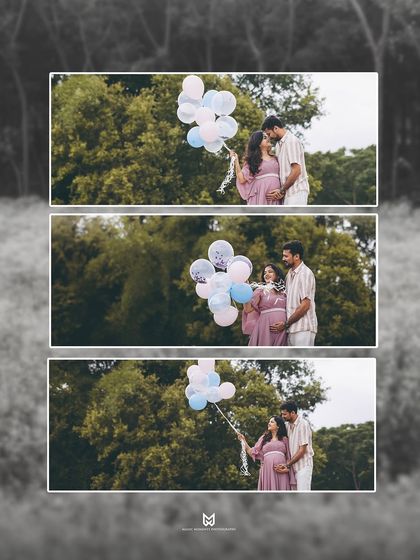 A triptych of the couple sharing a moment with balloons. This artistic edit emphasizes the romantic and dreamy feel of the outdoor maternity shoot.