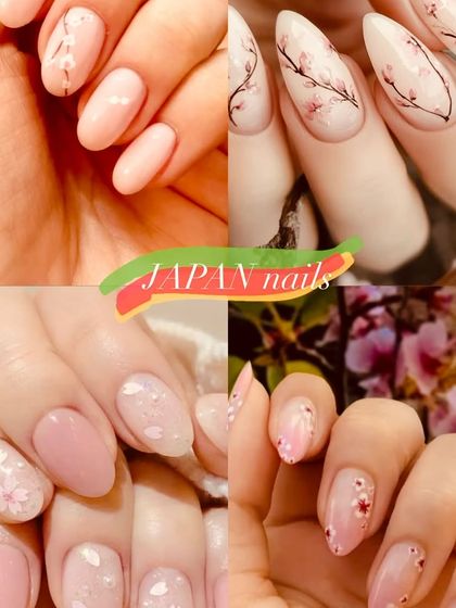 "Japan nails" inspo, featuring beautiful and delicate cherry blossom designs.