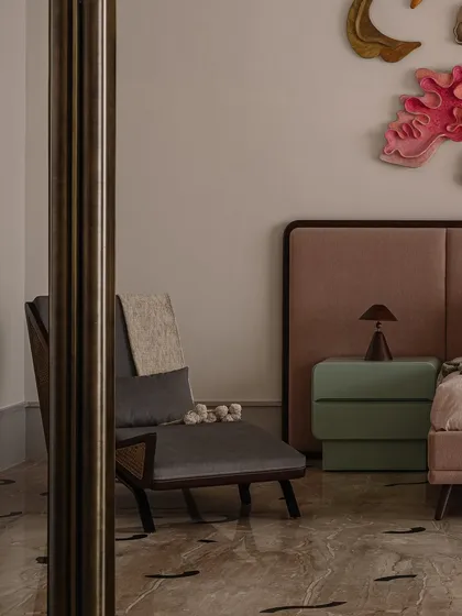 This corner showcases our 'Dash and Dot' console table. Made from solid ash wood, its form is inspired by turned-wood toys, with spherical and cylindrical legs that give it a playful, floating appearance.