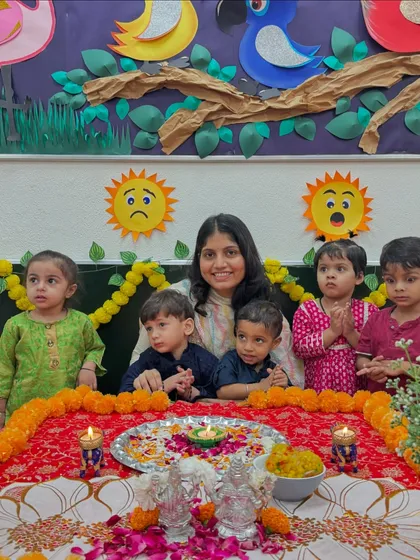 A beautiful moment from our Diwali celebration. The children gather around a traditional puja thali, learning about the festival of lights.