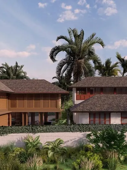 A render of the Morjim Villas project, which includes both a laterite stone villa and a rammed earth villa, offering different material palettes within the same tropical design language.