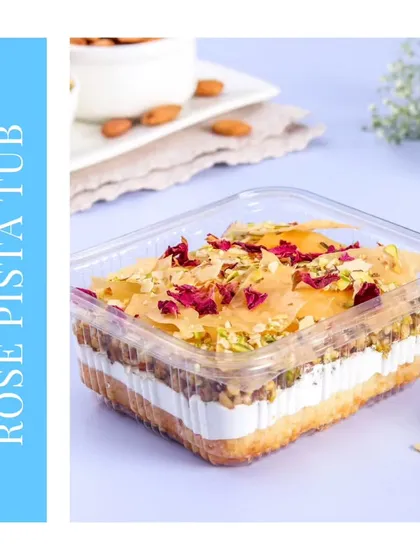 Our special dessert for the festival of Holi. This Rose Pistachio tub features layers of vanilla sponge, rose-flavored cream, and pistachios, topped with crunchy baked baklava sheets. It’s a modern twist on traditional Indian flavors.