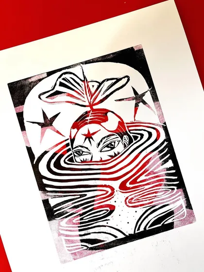My first-ever linocut print, created in a letterpress class. This two-color print depicts a figure floating or sinking in a pool of water.