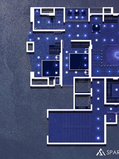 This is a conceptual floor plan for a luxury penthouse, illustrating our approach to spatial planning. The layout prioritizes open-plan living, clear circulation paths, and designated zones for entertainment and privacy, all detailed with precise lighting placement.