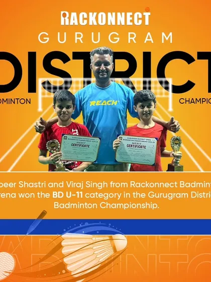 Celebrating the winners from our academy at the Gurugram District Badminton Championship. This graphic congratulates Kabeer and Viraj for winning the Boys Doubles U-11 category.