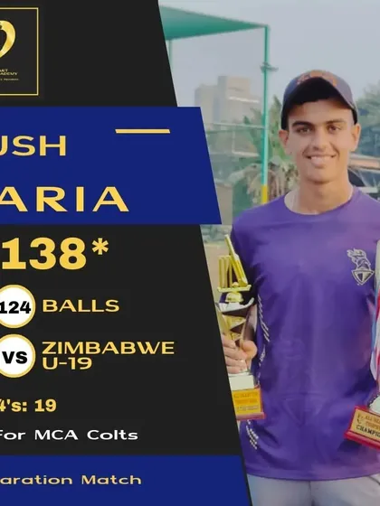Kush Kariya shines against international competition, scoring a match-winning 138 not out for MCA Colts against the Zimbabwe U-19 team.
