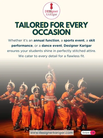 We provide specialized costume design services for school events. This image shows a group of students performing a classical dance in their perfectly stitched, matching orange costumes. We manage everything from design to delivery, ensuring every performer shines on stage for annual functions, dance events, or skits.