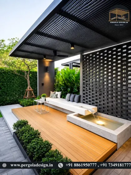 This design incorporates a water feature directly into the outdoor lounge. A small waterfall cascades into a basin next to the seating area, adding the soothing sound of running water to the serene environment.