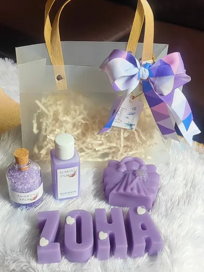 Another personalized birthday gift bag, this one for "Zoha". It features lavender name soaps, a purse-shaped soap, bath salts, and body wash.