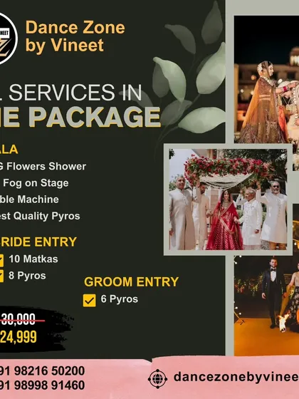 Get all your entry effects in one convenient package. We cover the Jaimala with a flower shower and low fog, the bride's entry with traditional matkas, and the groom's entry with pyros.