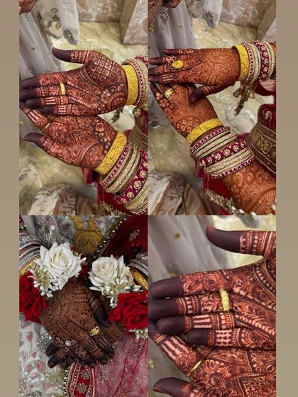 A collage showing different angles of the rich henna stain, from the full hands to close-ups of the finger details.