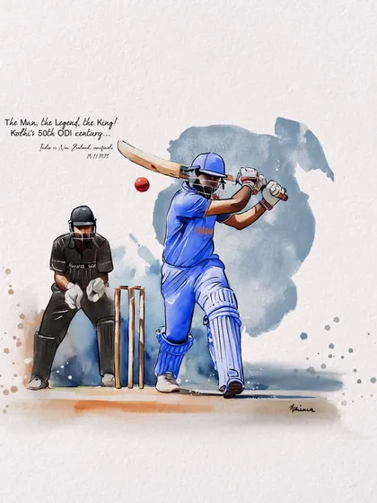 A tribute to a historic moment in cricket. This digital watercolor captures Virat Kohli's 50th ODI century. I enjoy creating dynamic sports illustrations that celebrate our heroes.