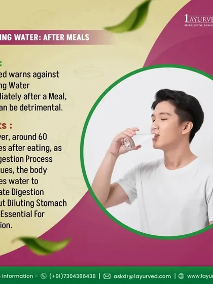 We warn against drinking water immediately after a meal, as it can be detrimental to digestion. It is best to wait about 60 minutes, allowing the body to process food without diluting the essential stomach acids required for digestion.
