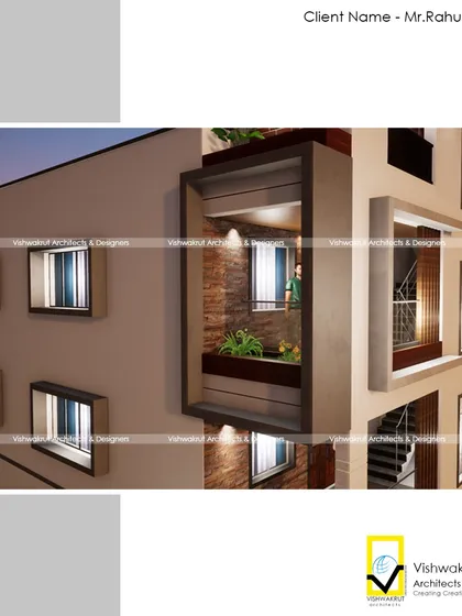 A detailed view of the window and balcony design for the 'Banda House' in Navghar. The boxed frames around the windows add a modern, graphic element to the facade.