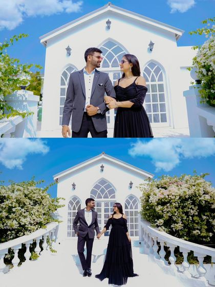 A beautiful, bright day at a studio set that looks like a white European villa. This setting is perfect for creating clean, elegant, and timeless pre-wedding photos.