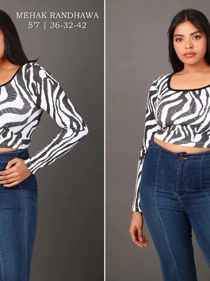 A two-shot image of a plus-size model wearing a zebra-print crop top and high-waisted jeans. I specialize in plus-size fashion photography, ensuring your entire collection is represented professionally.