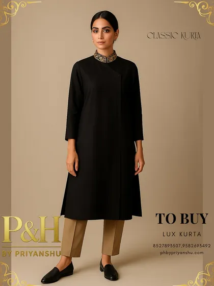 A full-length view of the black angrakha kurta paired with beige trousers and loafers, showcasing a complete and polished look.
