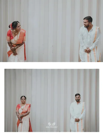 A minimalist and modern diptych of the couple, standing apart and then looking at each other.