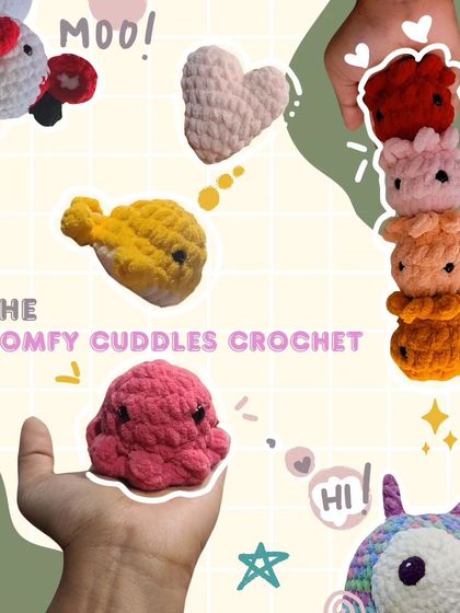 A fun graphic I made to promote my stall at a local cafe market. It showcases a mix of my crochet art, including a cow, whale, octopus, and heart plushie.