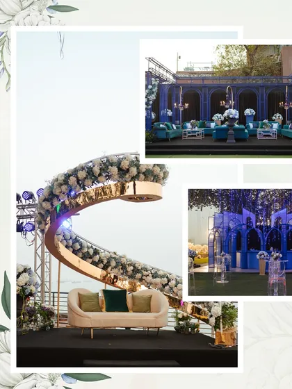 More decor details from the blue-themed Sangeet, including a unique curved photo backdrop and elegant lounge seating.