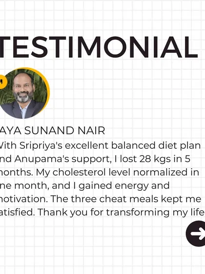 Testimonial from Jaya Sunand Nair: "I lost 28 kgs in 5 months. My cholesterol normalized in one month, and I gained energy and motivation."