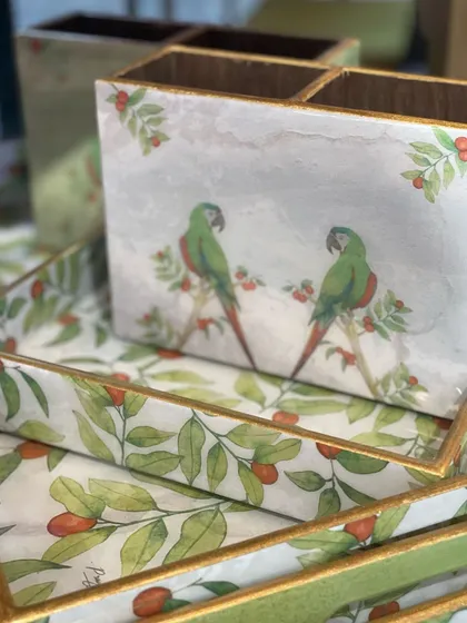 The parrot motif extends to smaller decor items as well. Here are some of my hand-painted trays and a stationery box, perfect for adding a pop of color and art to your desk or coffee table.