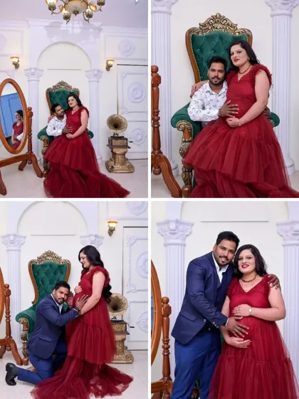 This collection of four images captures a full family story within our royal theme. It includes portraits with their older child, intimate couple's moments, and beautiful solo shots of the mom-to-be.