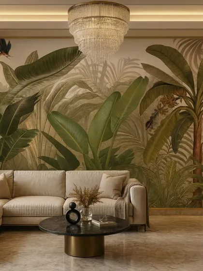A classic tropical jungle mural that brings the outdoors in. This wallpaper features lush green banana leaves and palm trees, creating a vibrant and refreshing living room accent wall.