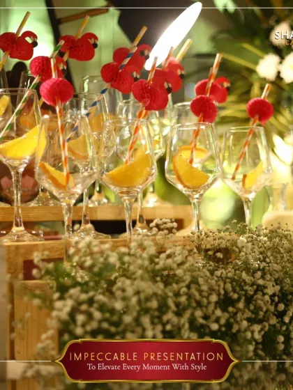 Impeccable presentation to elevate every moment with style. Our drink stations are adorned with fresh flowers and creative garnishes, turning a simple refreshment corner into a beautiful display.