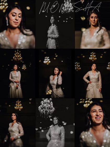 A collage of stunning portraits of the bride, Monisha, against a dark backdrop with chandeliers, creating a dramatic and glamorous look.
