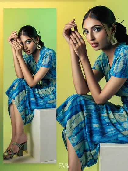 A creative collage showing the model in two different poses against a split-tone yellow and green background. This dynamic composition is great for editorial fashion spreads.