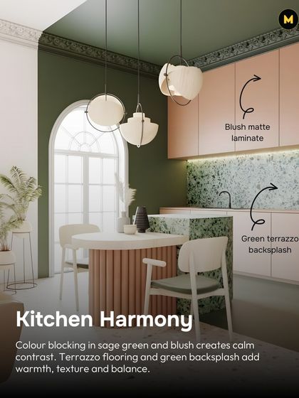 This kitchen demonstrates beautiful color harmony. Colour blocking in sage green and blush creates a calm contrast, while the green terrazzo backsplash and fluted island add warmth, texture, and balance.