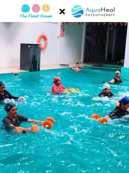 A group works with aquatic dumbbells in our temperature-controlled pool. These sessions are designed to target specific muscle groups for rehabilitation and strengthening, guided by our physiotherapy partners at AquaHeal.