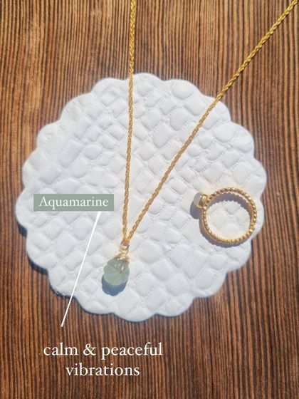 A set featuring my Aquamarine Melon Pendant and a matching ring. Both pieces are designed to bring calm and peaceful vibrations.