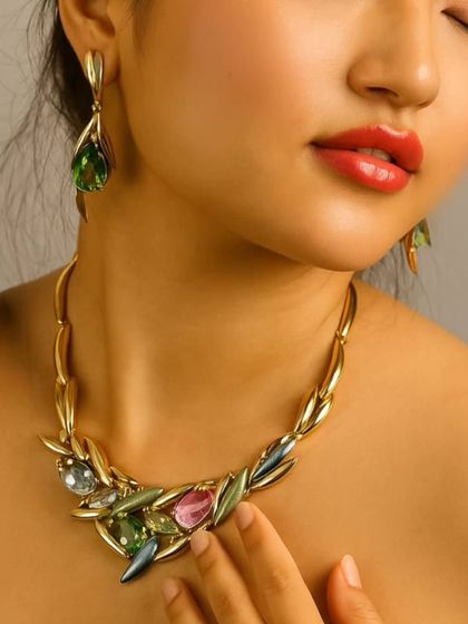 A stunning designer necklace featuring multi-colored stones in a modern, artistic setting. This is a showstopper piece for any glamorous event.