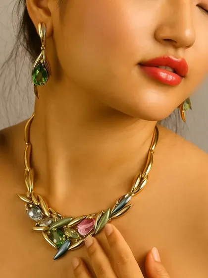A stunning designer necklace featuring multi-colored stones in a modern, artistic setting. This is a showstopper piece for any glamorous event.