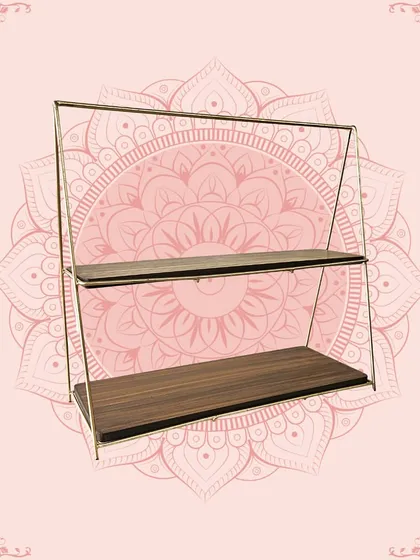 A two-tiered serving stand with a gold frame and wooden shelves. It's a stylish and practical piece for serving high tea or displaying small decorative items.