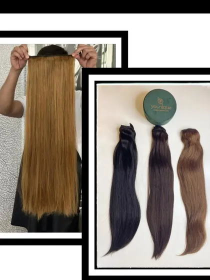 This collage showcases the transformative power of my extensions, showing how a single piece can add dramatic length, alongside a display of different color options available.
