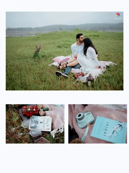 A collage that includes detail shots of the picnic setup, like the book and instant camera, which add a personal touch to the couple's story.