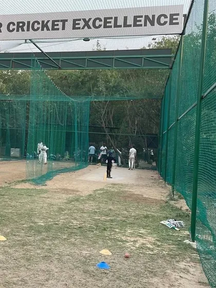 A wide view of our 17-feet spacious cricket nets at the Ramjas Sports Complex. This setup allows batsmen to play with freedom and bowlers to practice on various surfaces like turf, astro, and cement.