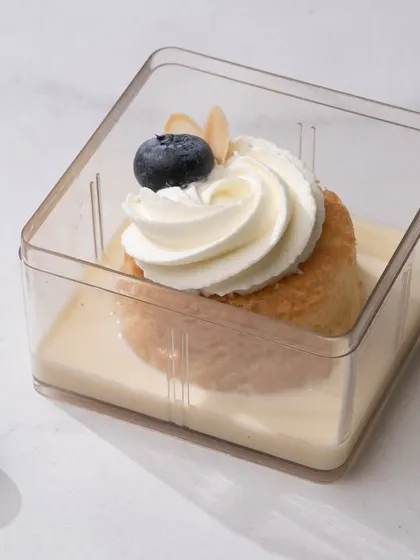 Our Tres Leches dessert, served in a convenient tub. This sponge cake is soaked in three kinds of milk, making it exceptionally moist and creamy.