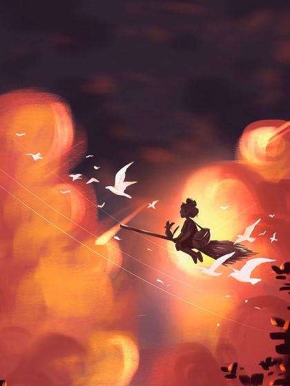 A digital painting of Kiki flying through a sunset sky, created on Procreate. I love playing with the glowing light and soft clouds to capture that signature Ghibli magic.