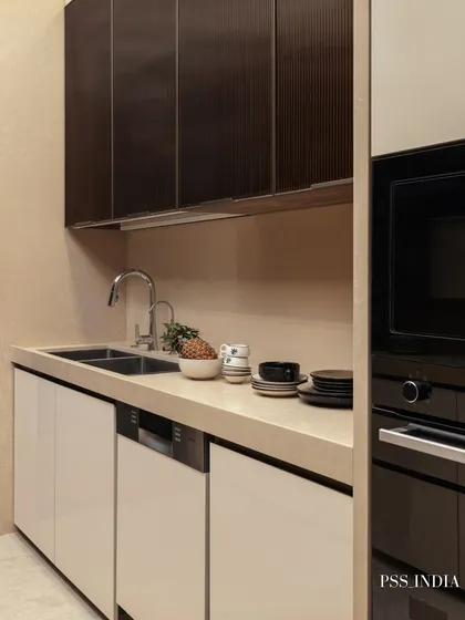 This view shows the seamless integration of appliances in a modern kitchen. The built-in oven and dishwasher blend perfectly with the sleek cabinetry for a clean, high-end look.