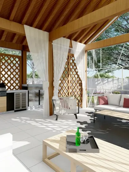 Another rendering of the gazebo, showing an integrated outdoor kitchen and lounge area. This illustrates our approach to creating fully functional and beautiful outdoor living spaces.