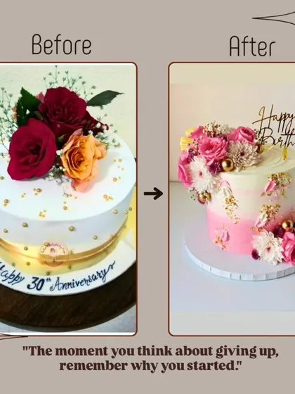 The moment you think about giving up, remember why you started. A reminder of my progress with floral cake designs.
